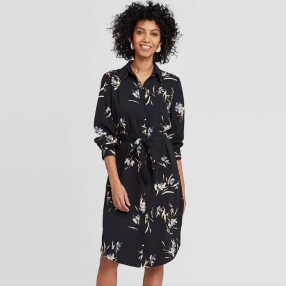 a new day XS Black Pastel Floral Long Sleeve Shirt Dress